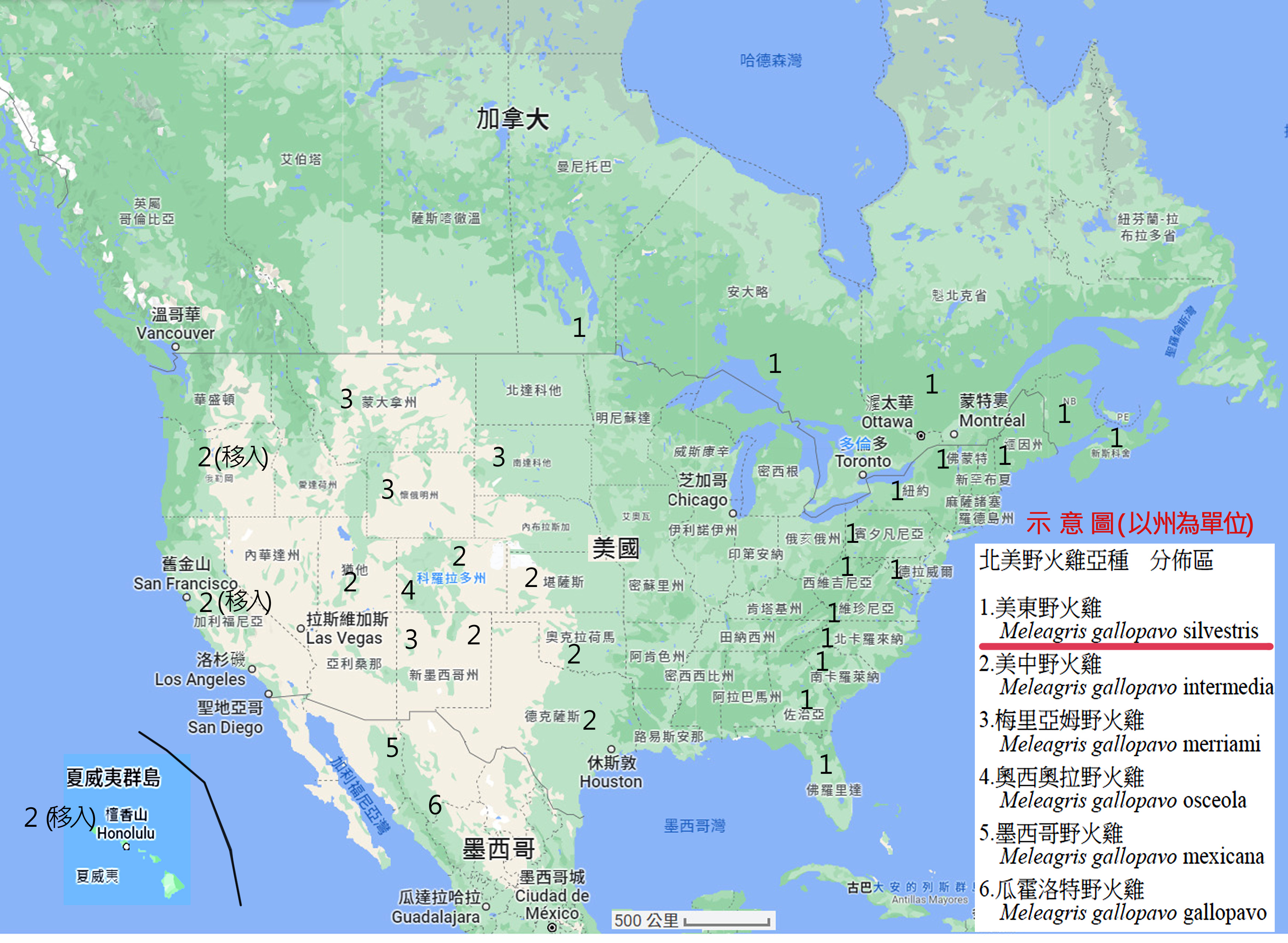 美東野火雞分布示意圖