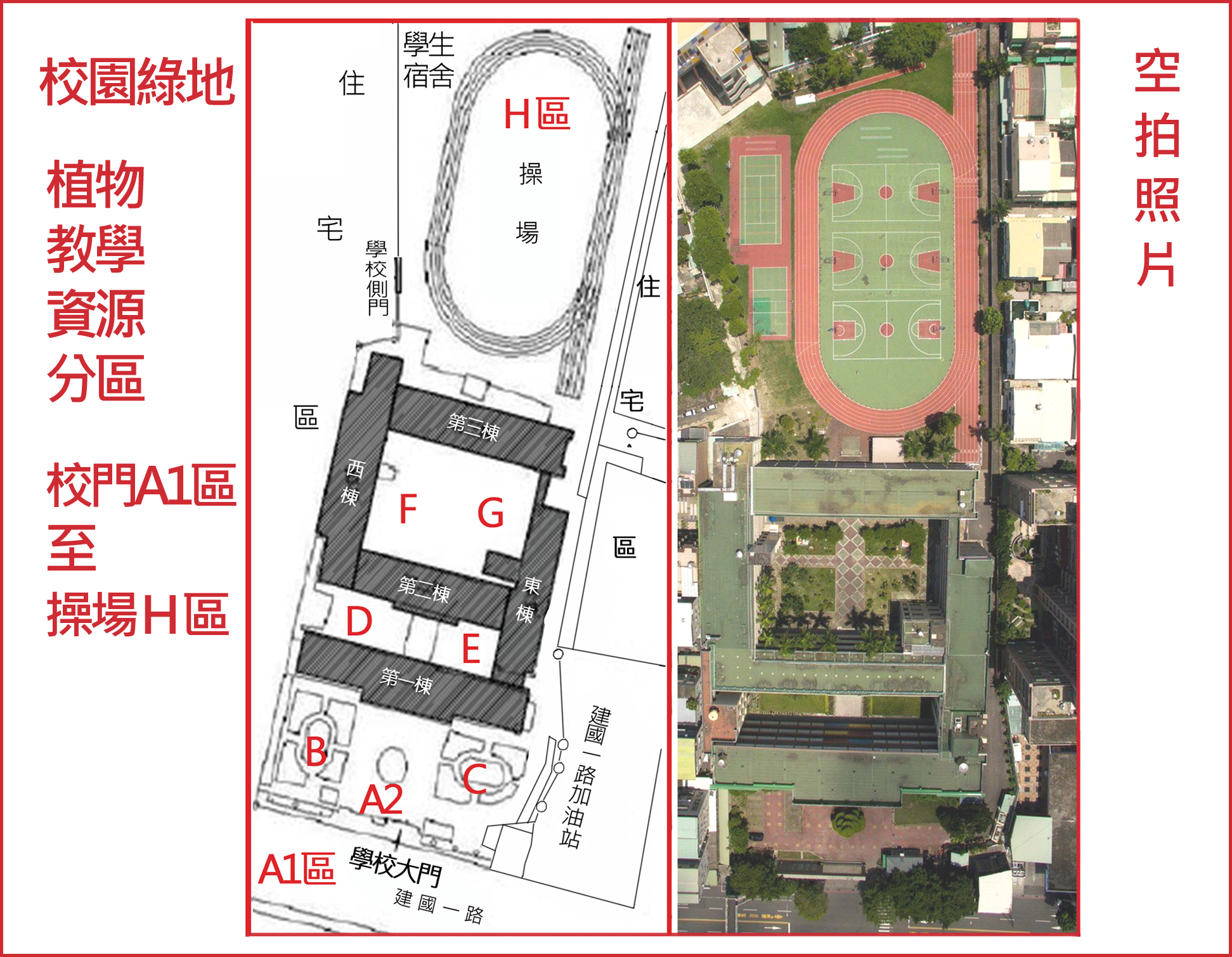 校園綠地植物教學資源分區調查---由校門A1至操場H區